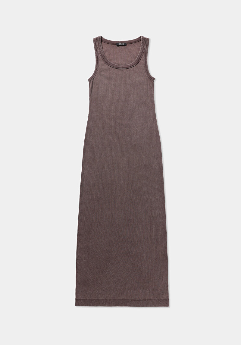 Slim Fit Düz Kadın Kahverengi Kolsuz Elbise