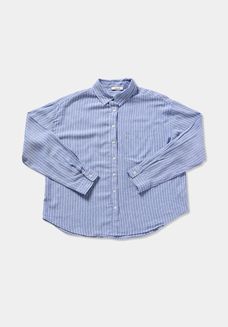 Boyfriend Fit Shirt Neck Çizgili Kadın Mavi Uzun Kol Gömlek