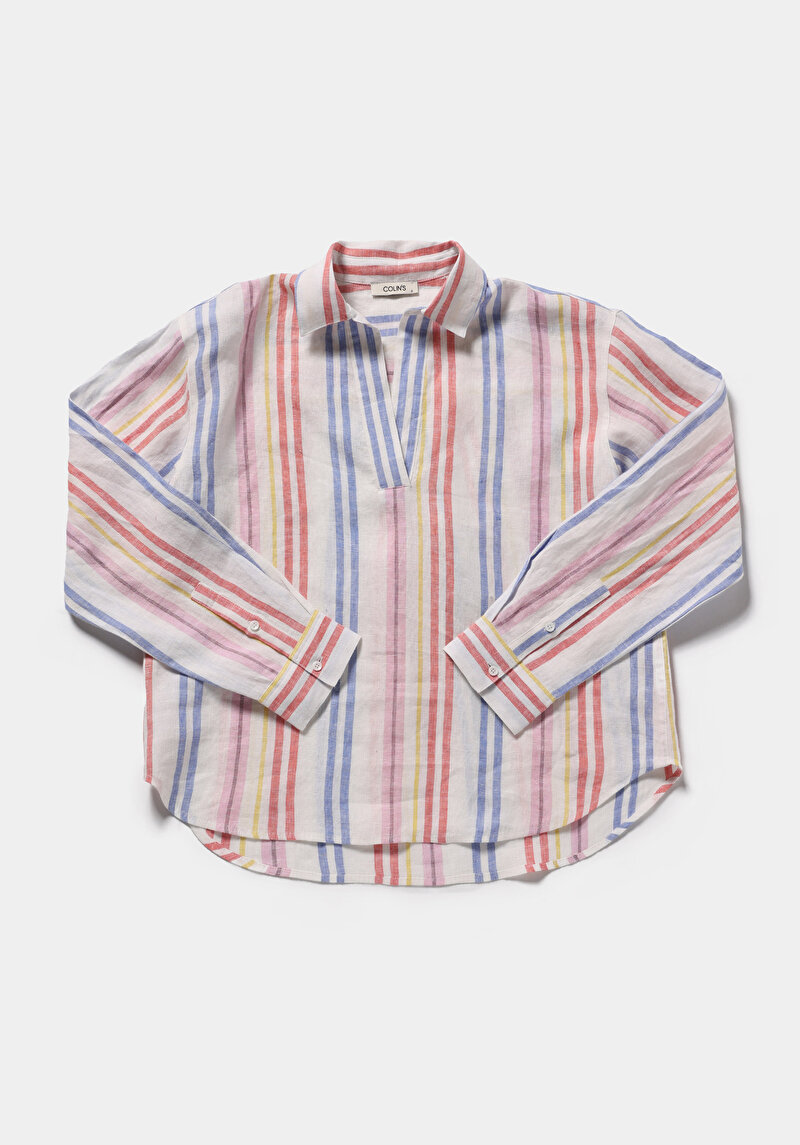 Fashion Fit Shirt Neck Çizgili Kadın Çok Renkli Uzun Kol Gömlek