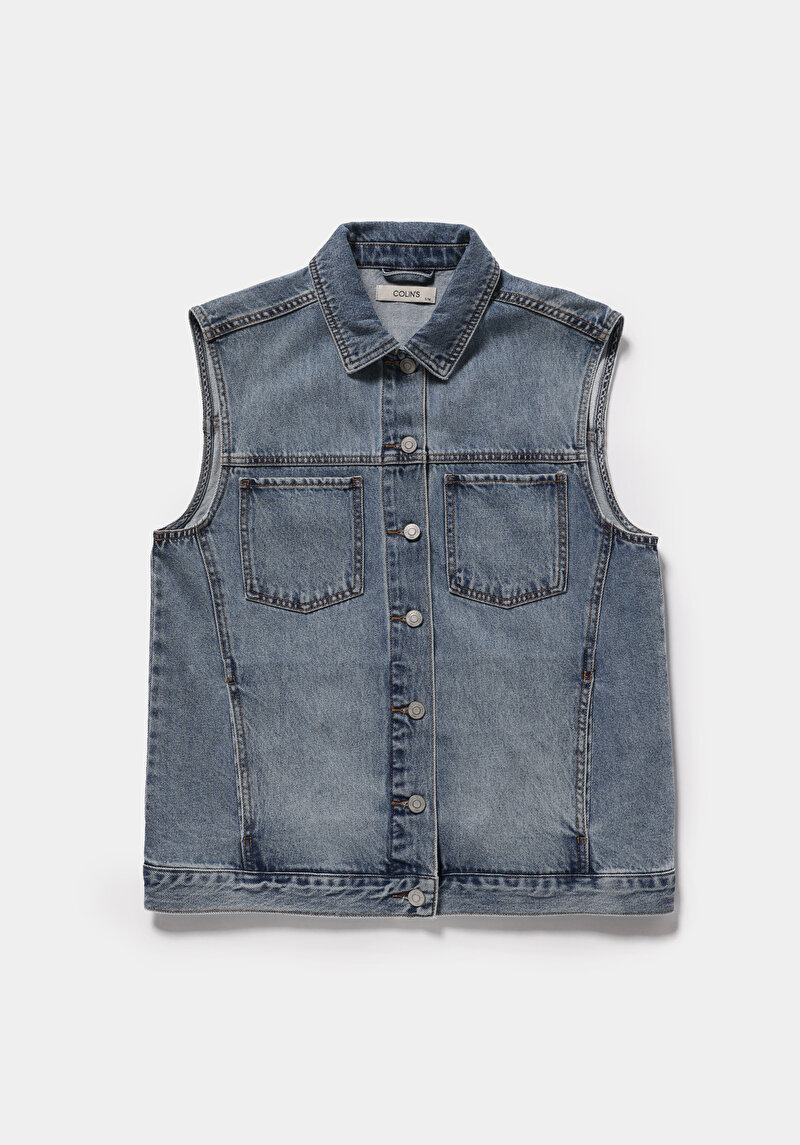 Oversize Fit     Kadın Light İndigo Denim Yelek