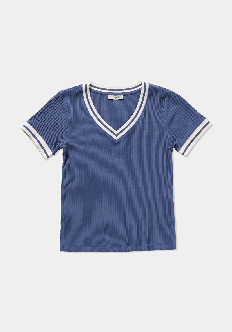 Slim Fit V Yaka Düz Kadın Mavi Kısa Kol Tişört