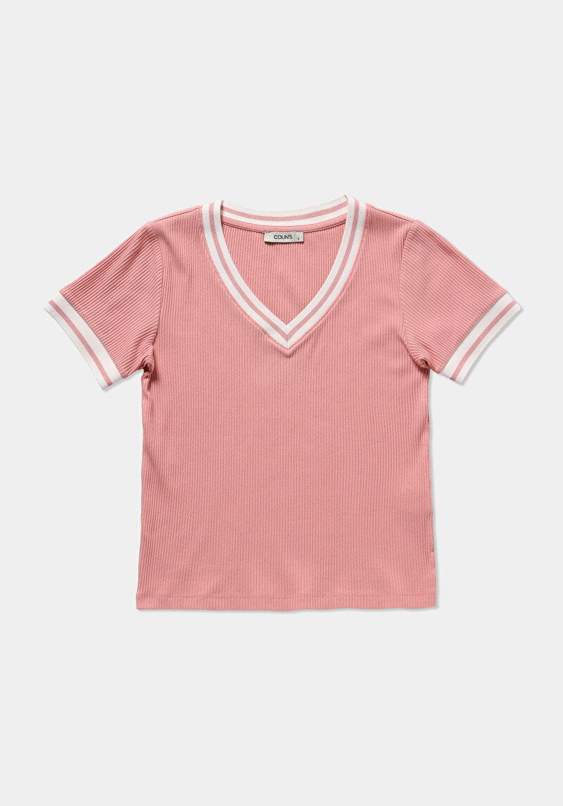 Slim Fit V Yaka Düz Kadın Pembe Kısa Kol Tişört