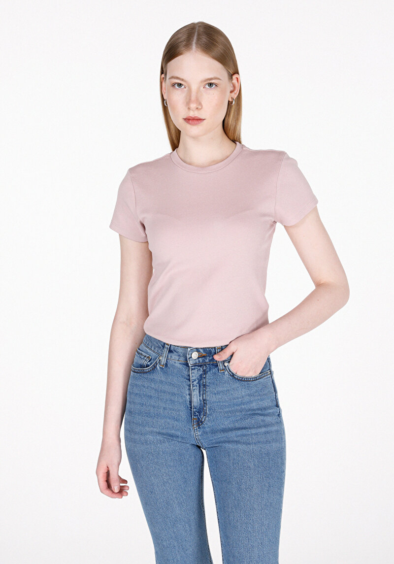 Slim Fit Yuvarlak Yaka Düz Kadın Pembe Kısa Kol Tişört