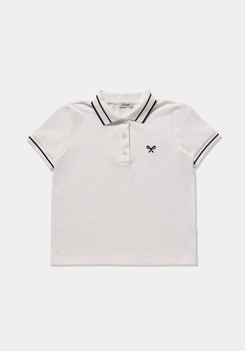 Regular Fit Polo Yaka Nakışlı Kadın Beyaz Kısa Kol Tişört