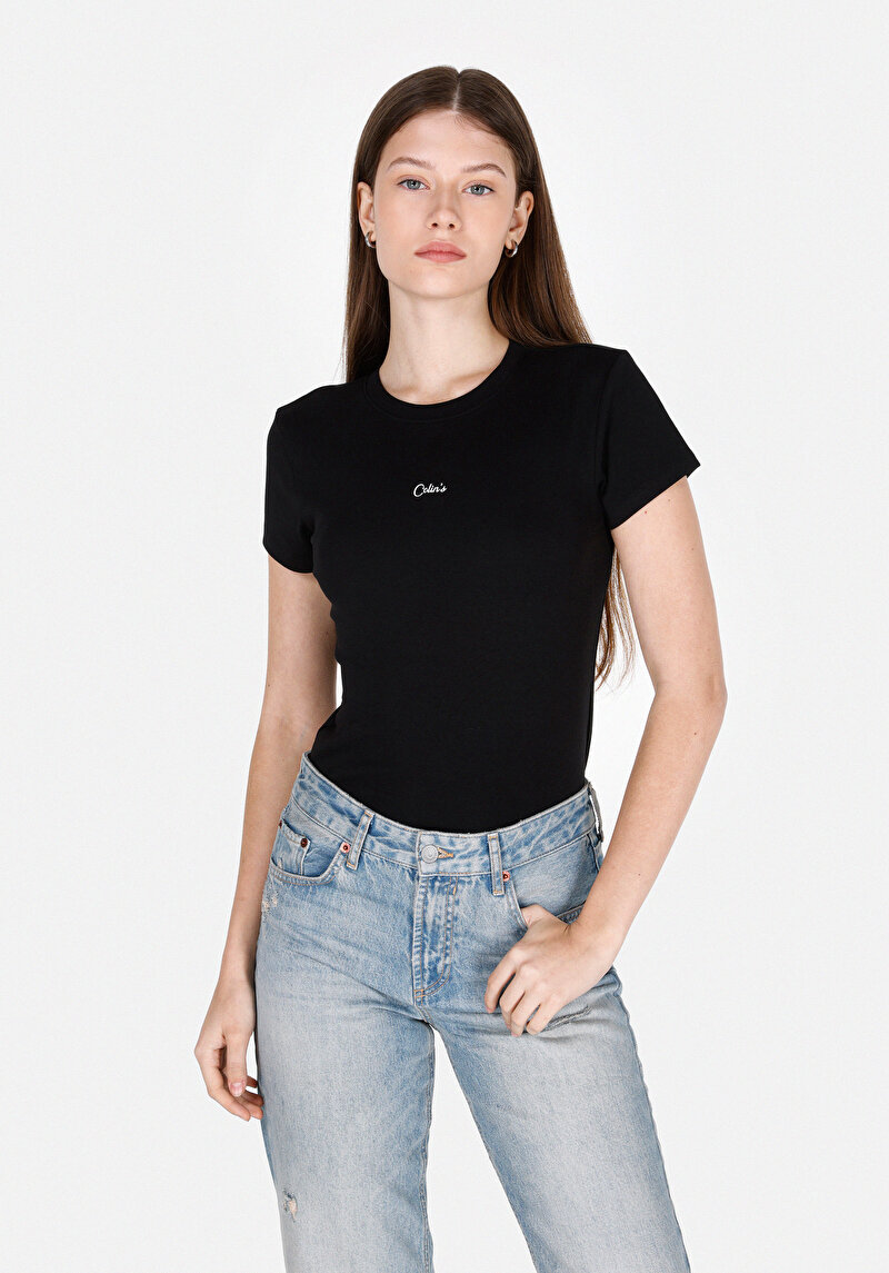 Slim Fit Yuvarlak Yaka Baskılı Kadın Siyah Kısa Kol Tişört