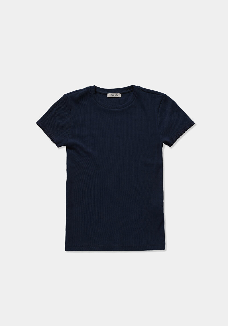 Slim Fit Yuvarlak Yaka Düz Kadın Lacivert Kısa Kol Tişört