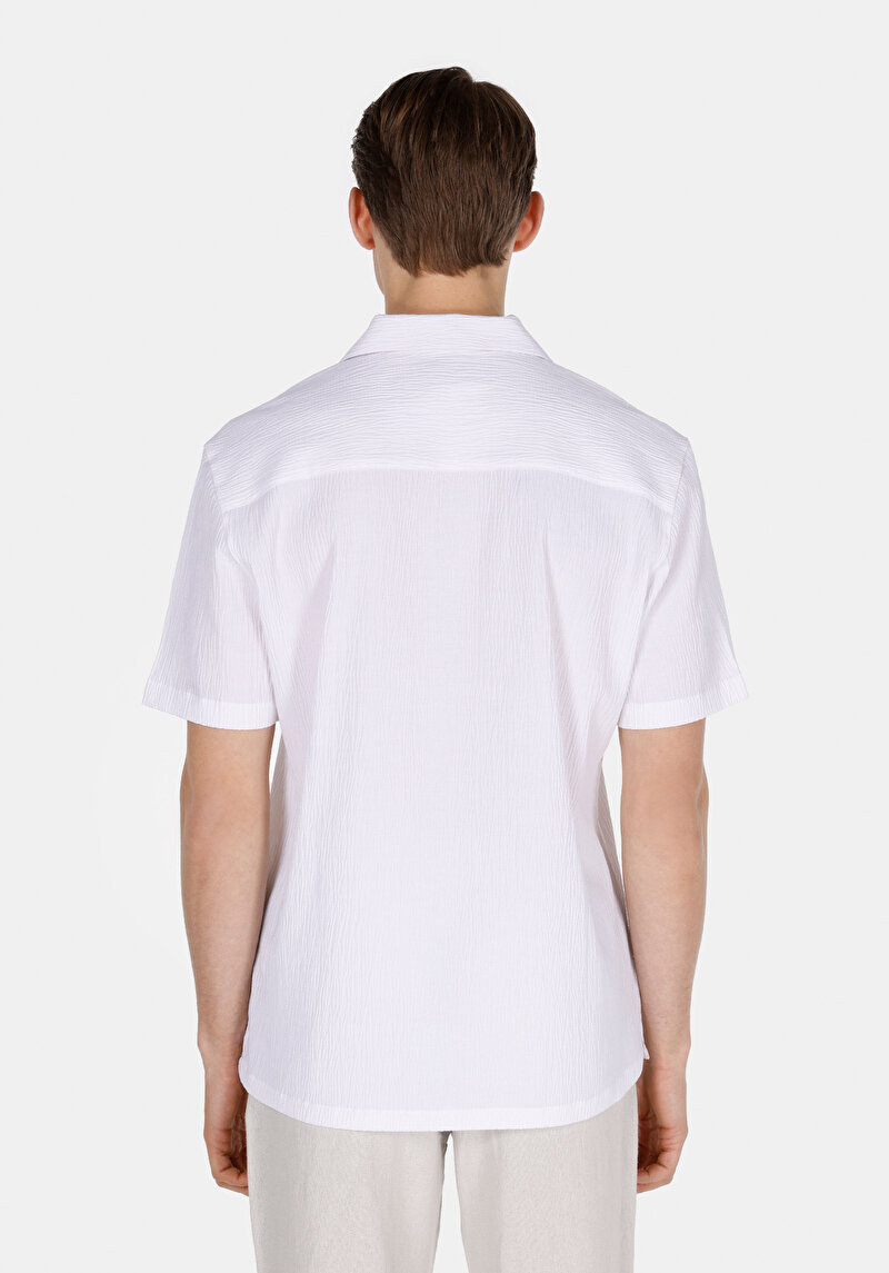 Regular Fit Shirt Neck Jakarlı Erkek Beyaz Kısa Kol Gömlek