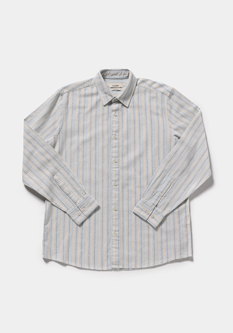 Relaxed Fit Shirt Neck Çizgili Erkek Mavi Uzun Kol Gömlek