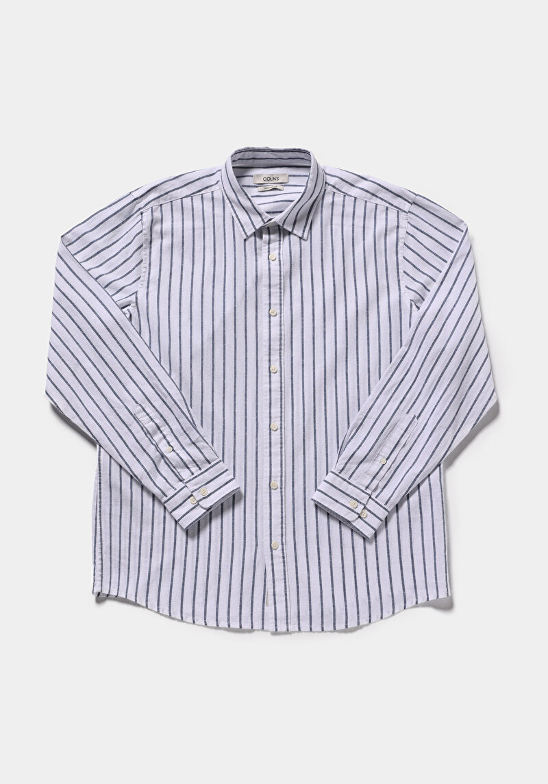Regular Fit Shirt Neck Çizgili Erkek Lacivert Uzun Kol Gömlek