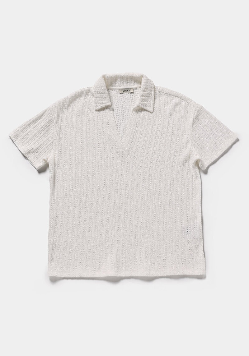 Regular Fit Polo Yaka Jakarlı Kadın Ekru Kısa Kol Tişört