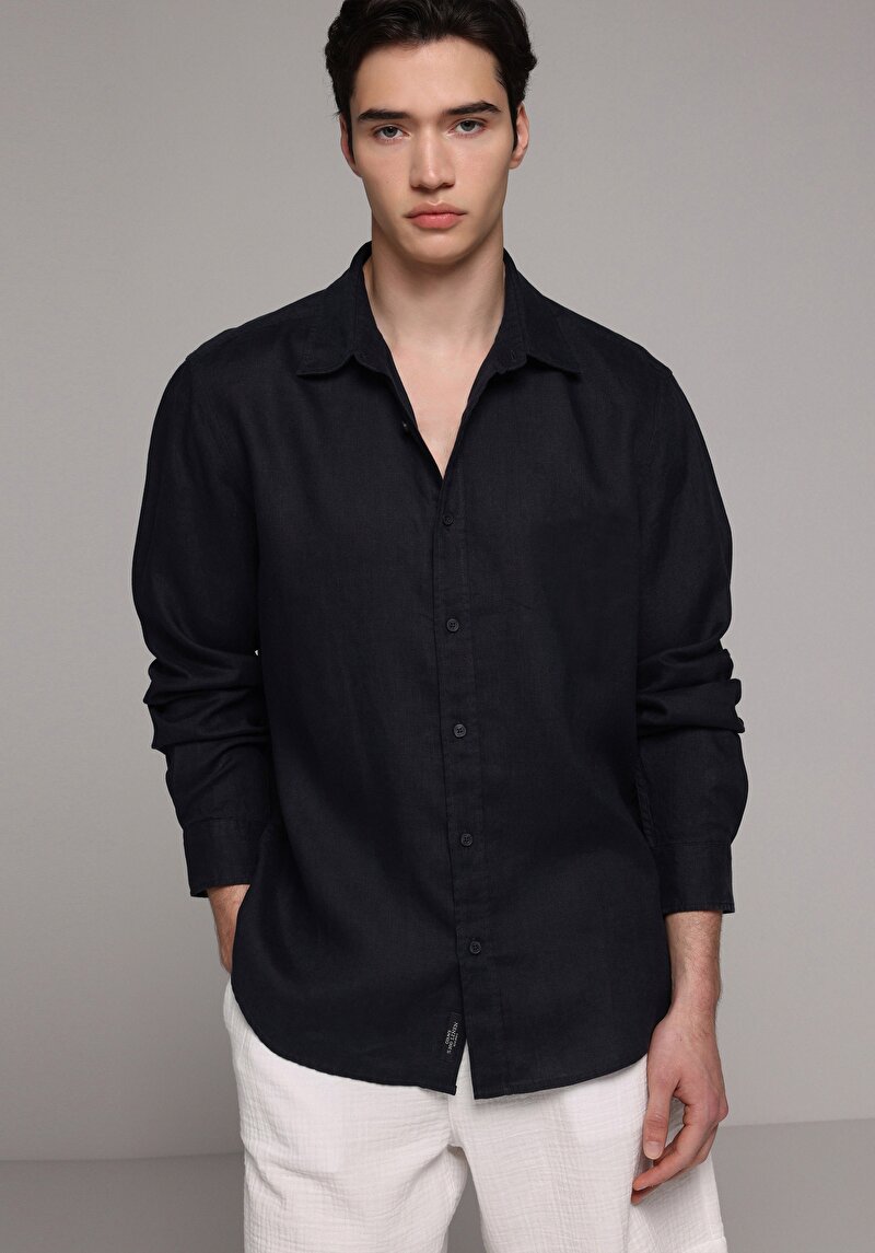 Regular Fit Shirt Neck Düz Erkek Lacivert Uzun Kol Gömlek