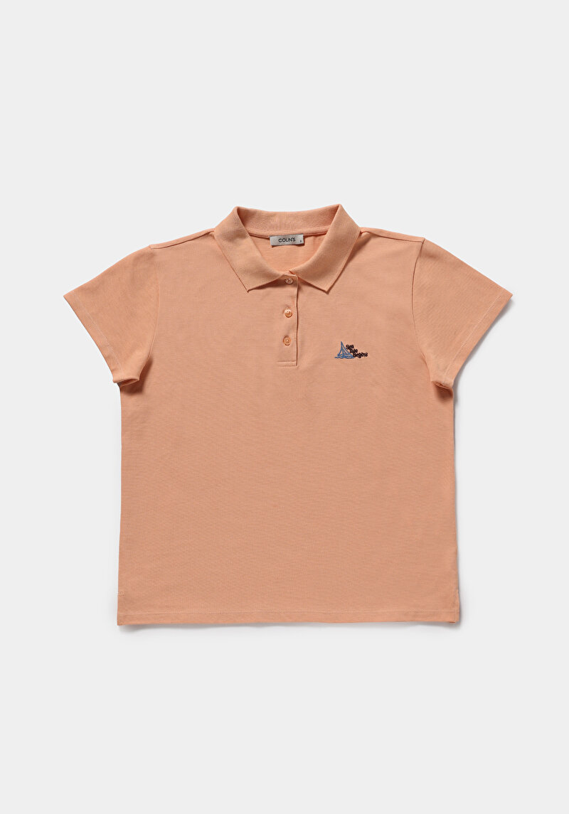 Regular Fit Polo Yaka Nakışlı Kadın Turuncu Kısa Kol Tişört
