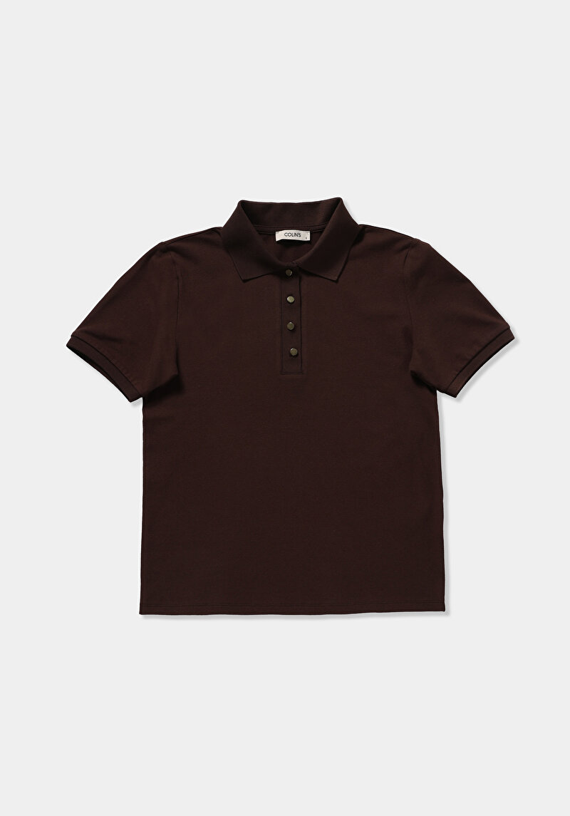 Slim Fit Polo Yaka Düz Kadın Kahverengi Kısa Kol Tişört