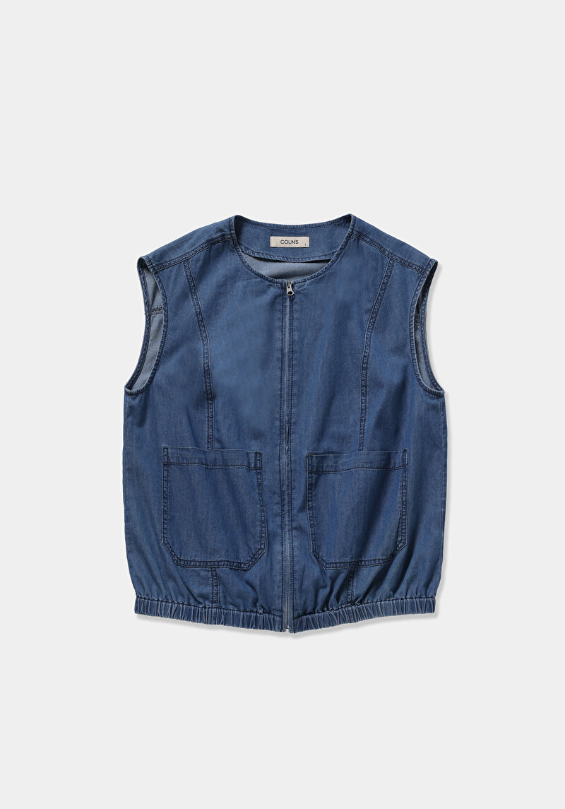 Regular Fit     Kadın Mid İndigo Denim Yelek