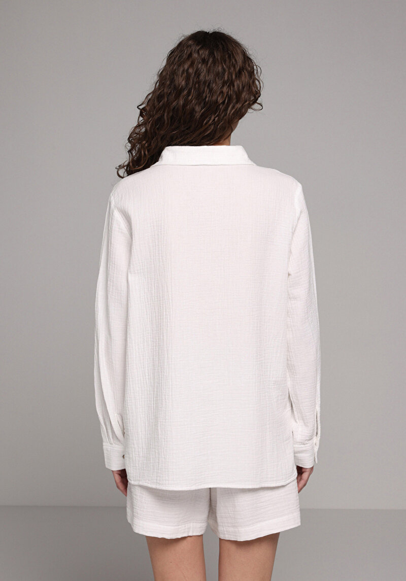 Regular Fit Shirt Neck Düz Kadın Beyaz Kısa Kol Gömlek