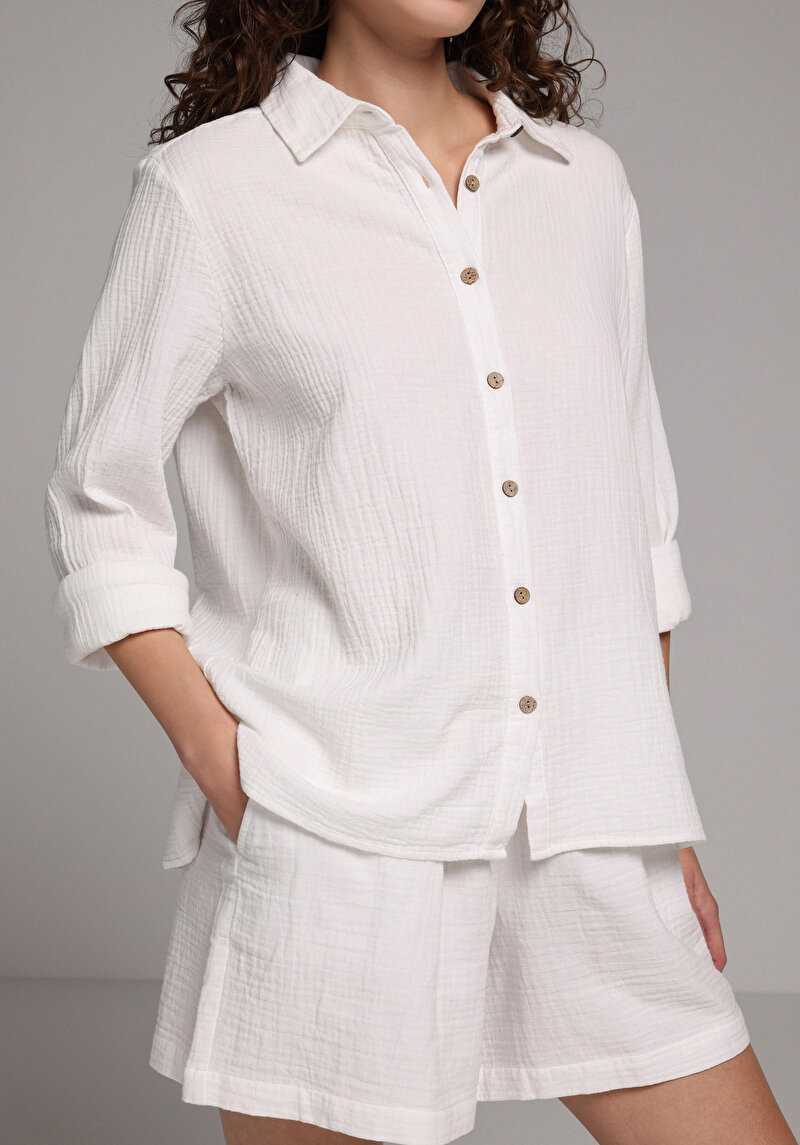 Regular Fit Shirt Neck Düz Kadın Beyaz Kısa Kol Gömlek