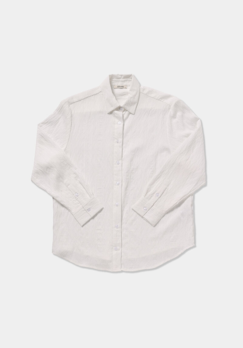 Boyfriend Fit Shirt Neck Jakarlı Kadın Beyaz Uzun Kol Gömlek