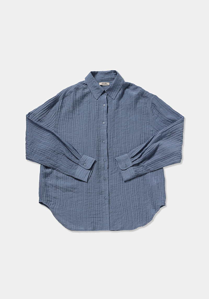 Oversize Fit Shirt Neck Düz Kadın Mavi Uzun Kol Gömlek
