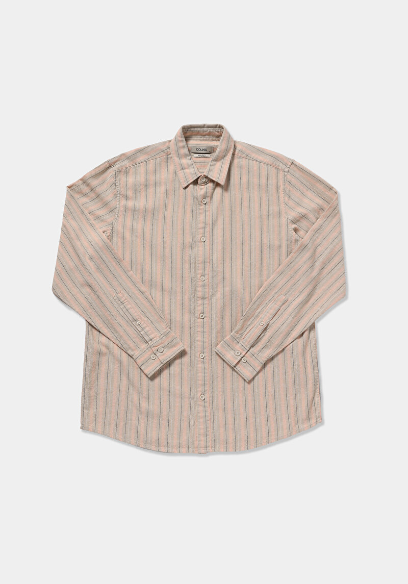 Relaxed Fit Shirt Neck Çizgili Erkek Turuncu Uzun Kol Gömlek