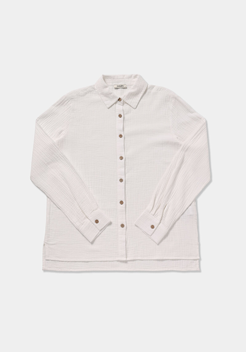 Regular Fit Shirt Neck Düz Kadın Beyaz Kısa Kol Gömlek
