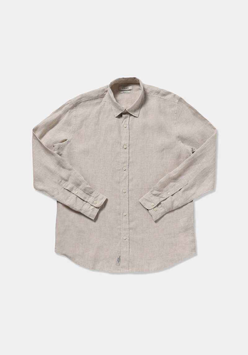 Regular Fit Shirt Neck Düz Erkek Bej Uzun Kol Gömlek
