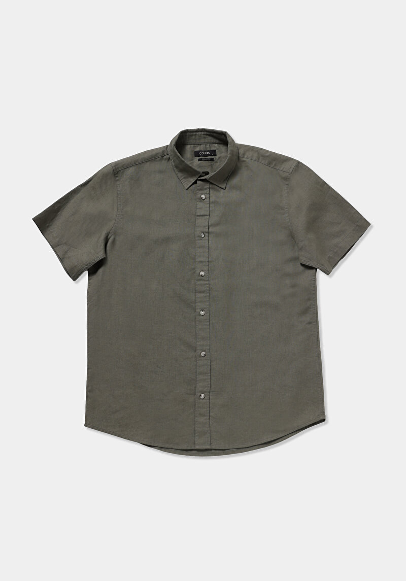 Regular Fit Shirt Neck Düz Erkek Yeşil Uzun Kol Gömlek