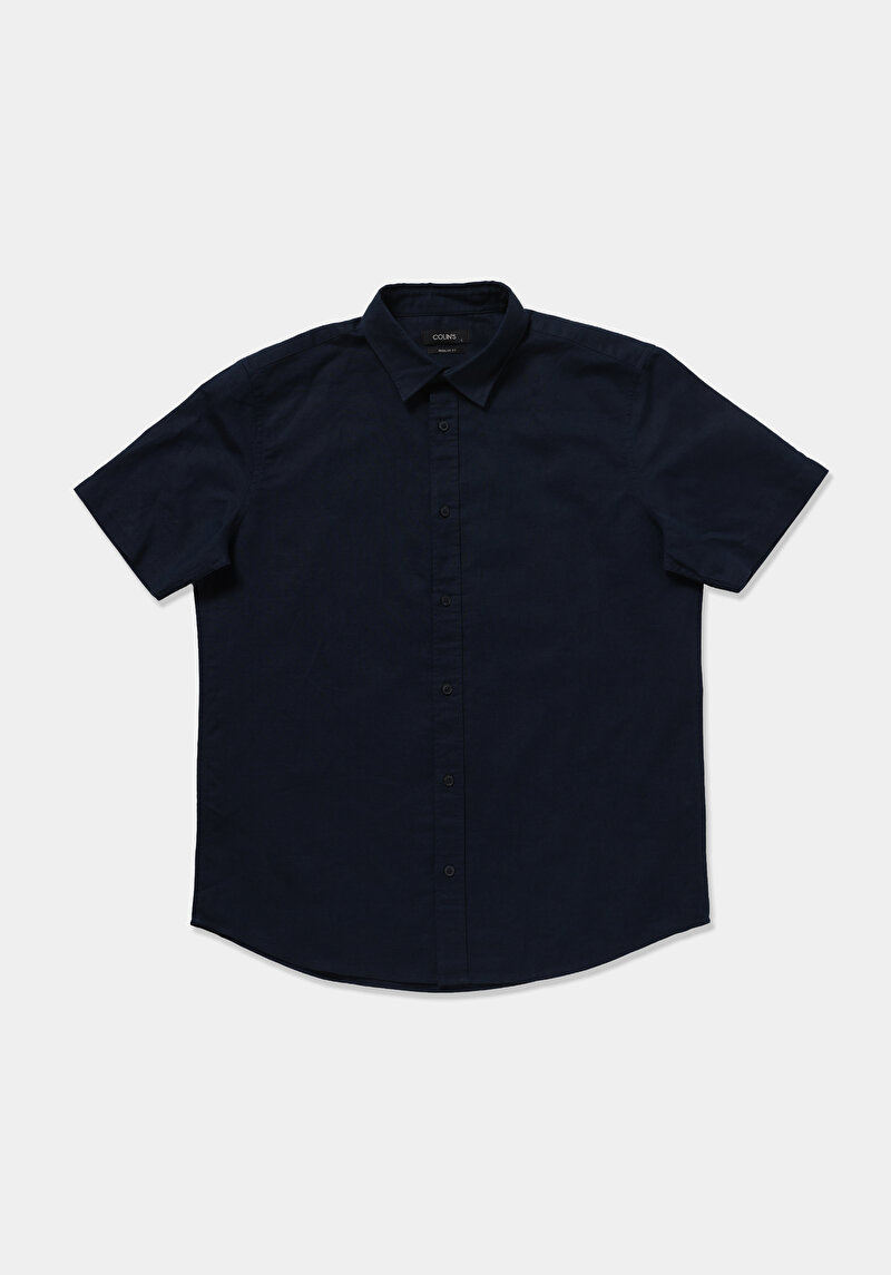 Regular Fit Shirt Neck Düz Erkek Lacivert Uzun Kol Gömlek
