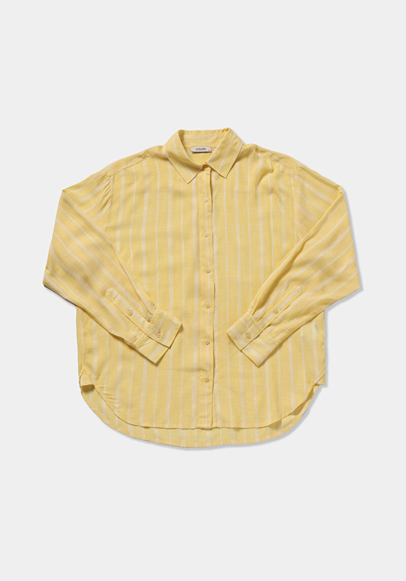 Boyfriend Fit Shirt Neck Çizgili Kadın Sari Uzun Kol Gömlek