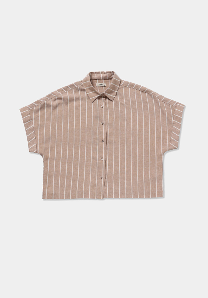 Fashion Fit Shirt Neck Çizgili Kadın Açik Kahverengi Kısa Kol Gömlek