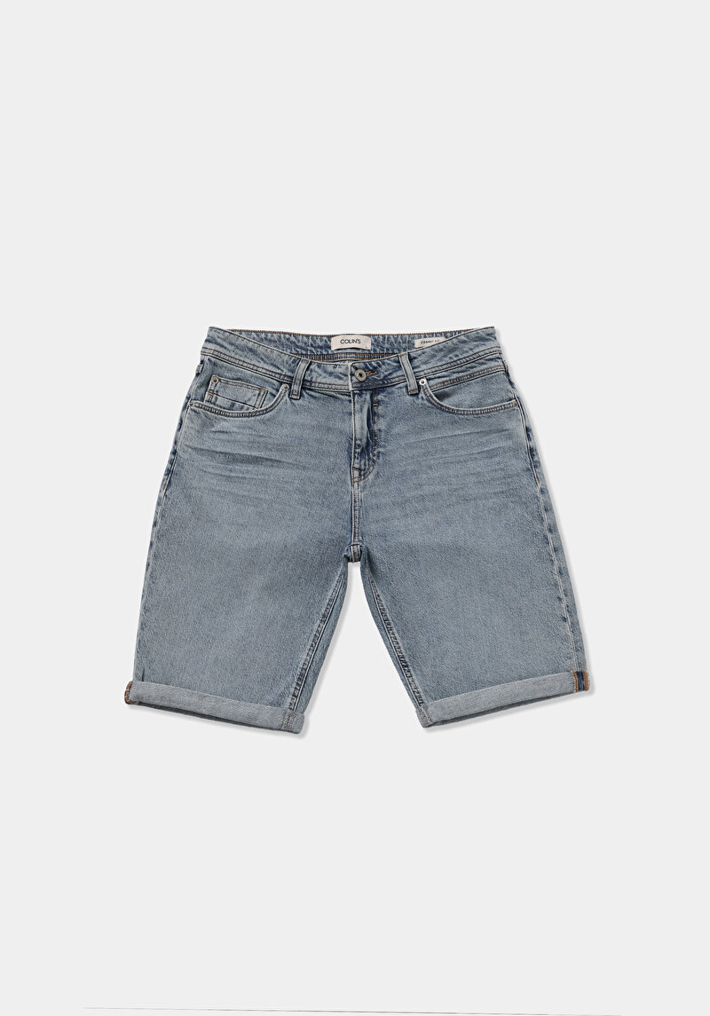 Straight Fit Orta Bel Düz Erkek Light İndigo Denim Jean Şort