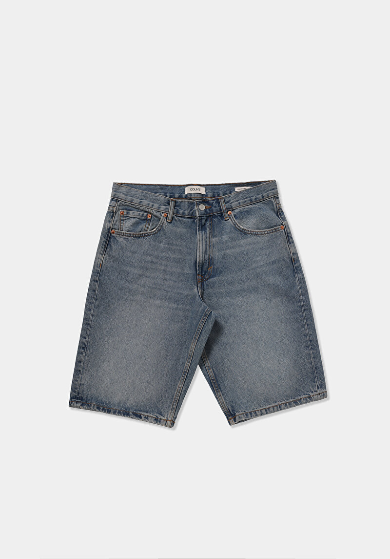 Loose Straight Fit Orta Bel Düz Erkek Mid İndigo Denim Jean Şort