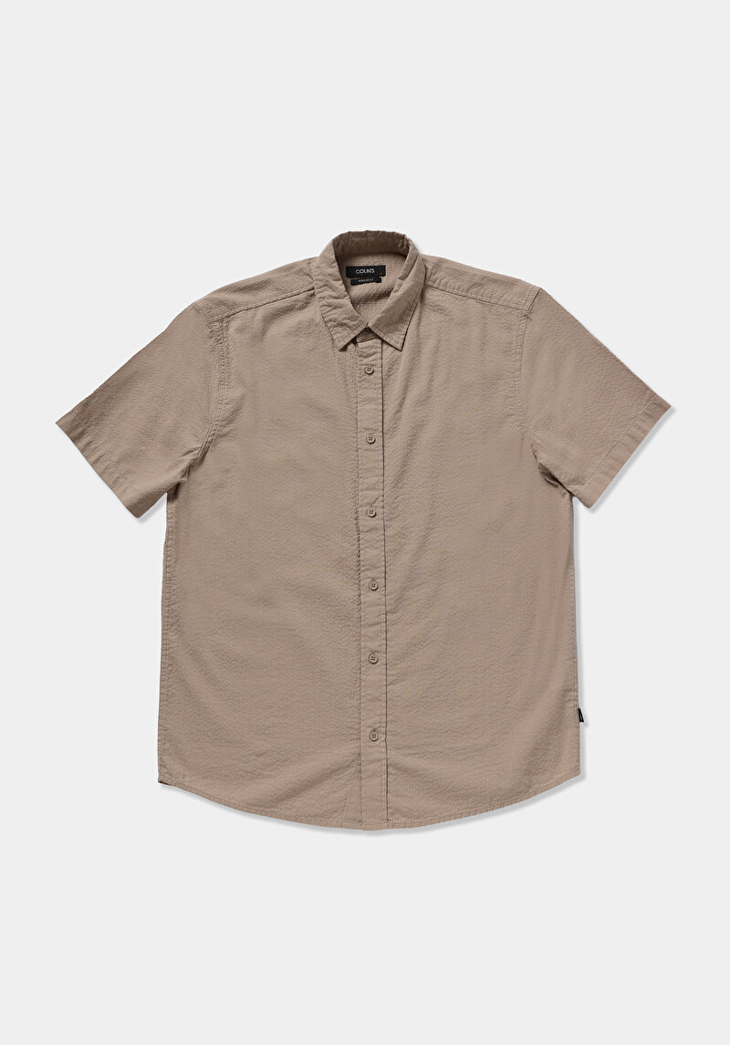 Regular Fit Shirt Neck Düz Erkek Bej Kısa Kol Gömlek