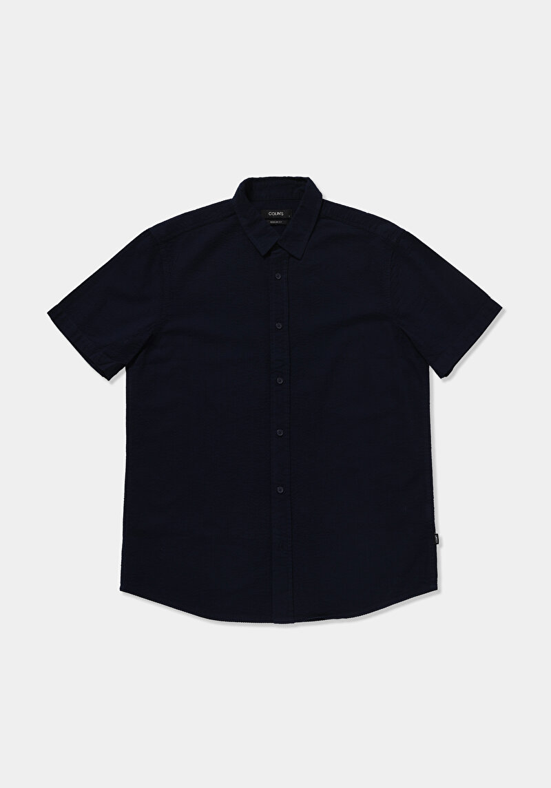 Regular Fit Shirt Neck Düz Erkek Lacivert Kısa Kol Gömlek