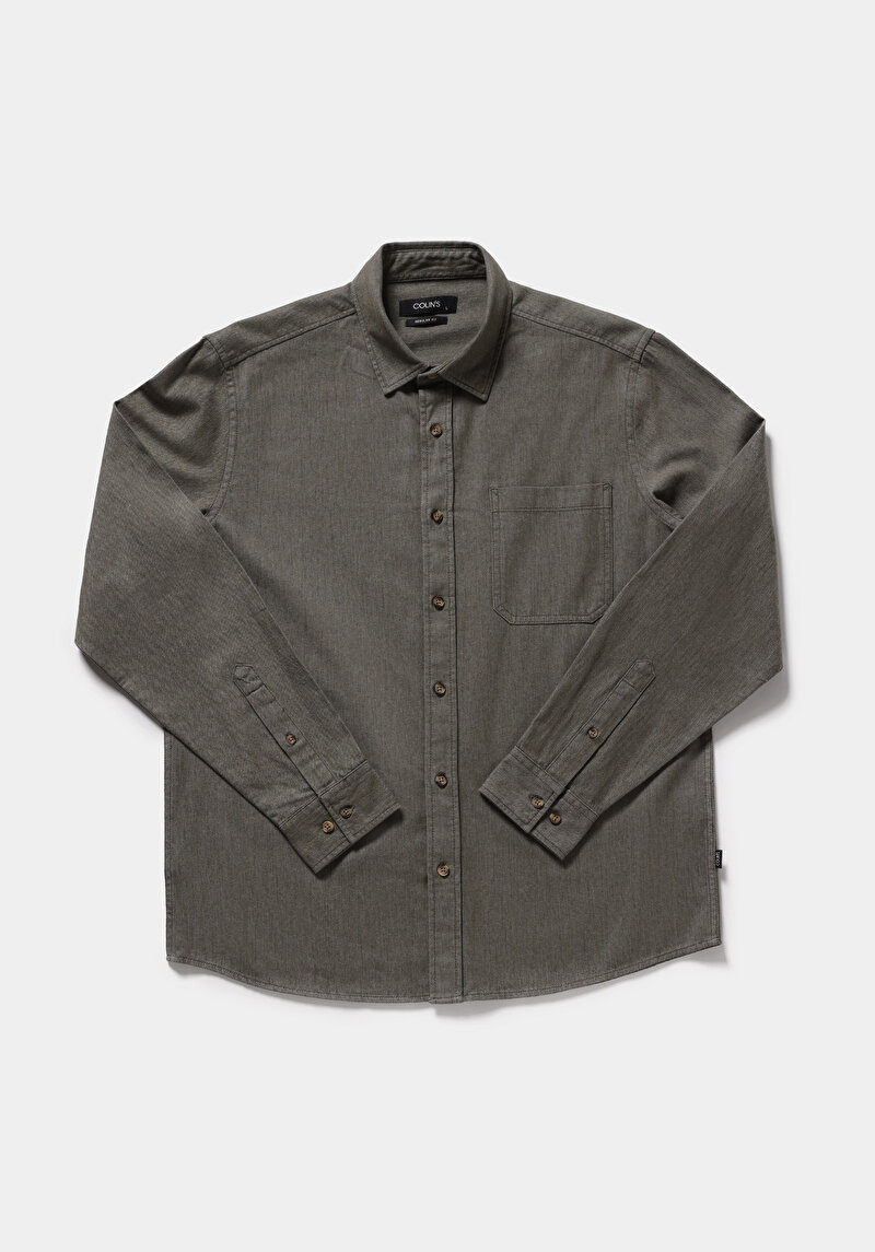 Regular Fit Shirt Neck Düz Erkek Yeşil Uzun Kol Gömlek