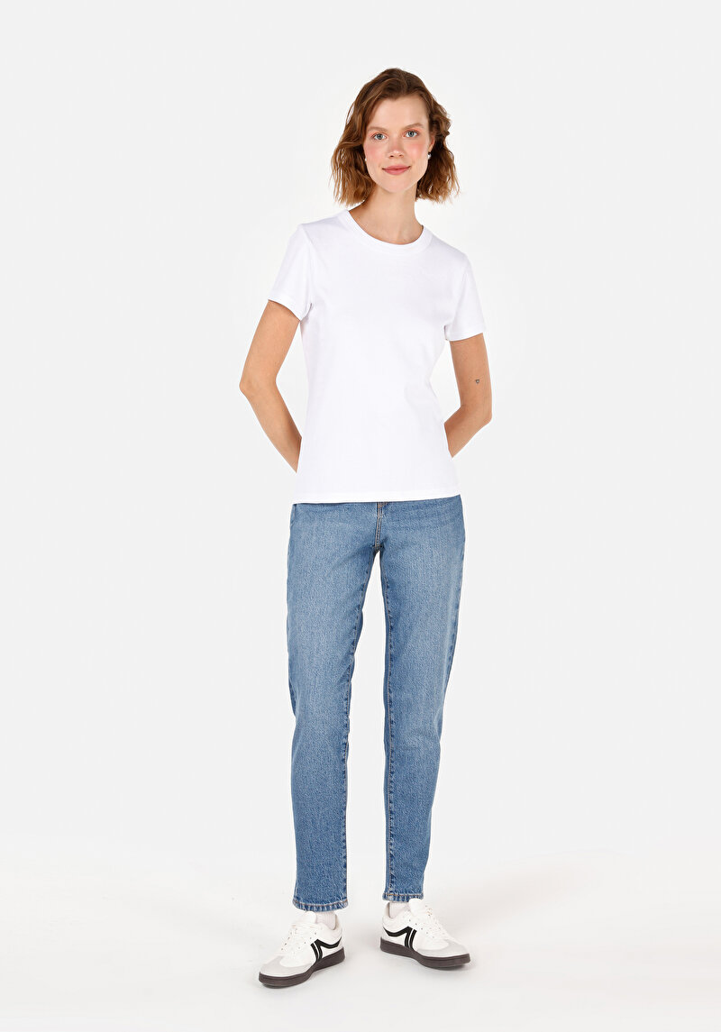 Boyfriend Fit Kadın Mid İndigo Denim Jean Pantolon