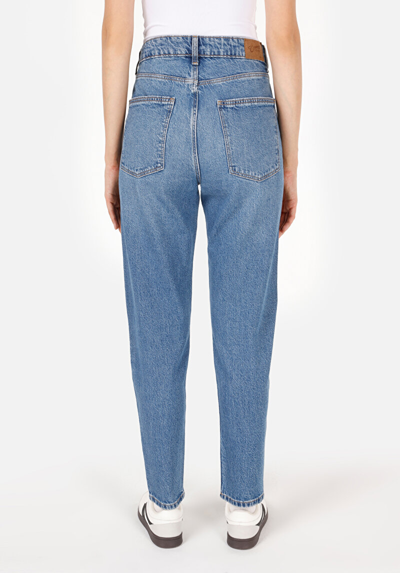 Boyfriend Fit   Kadın Mid İndigo Denim Jean Pantolon