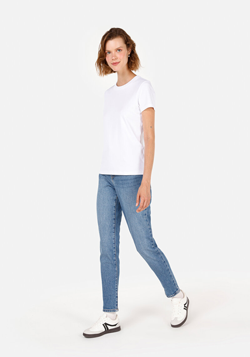 Boyfriend Fit   Kadın Mid İndigo Denim Jean Pantolon