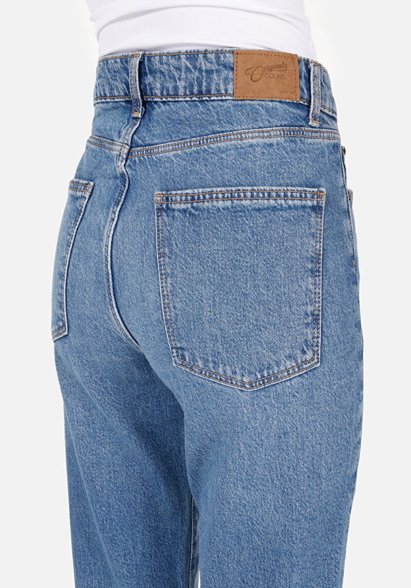 Boyfriend Fit   Kadın Mid İndigo Denim Jean Pantolon