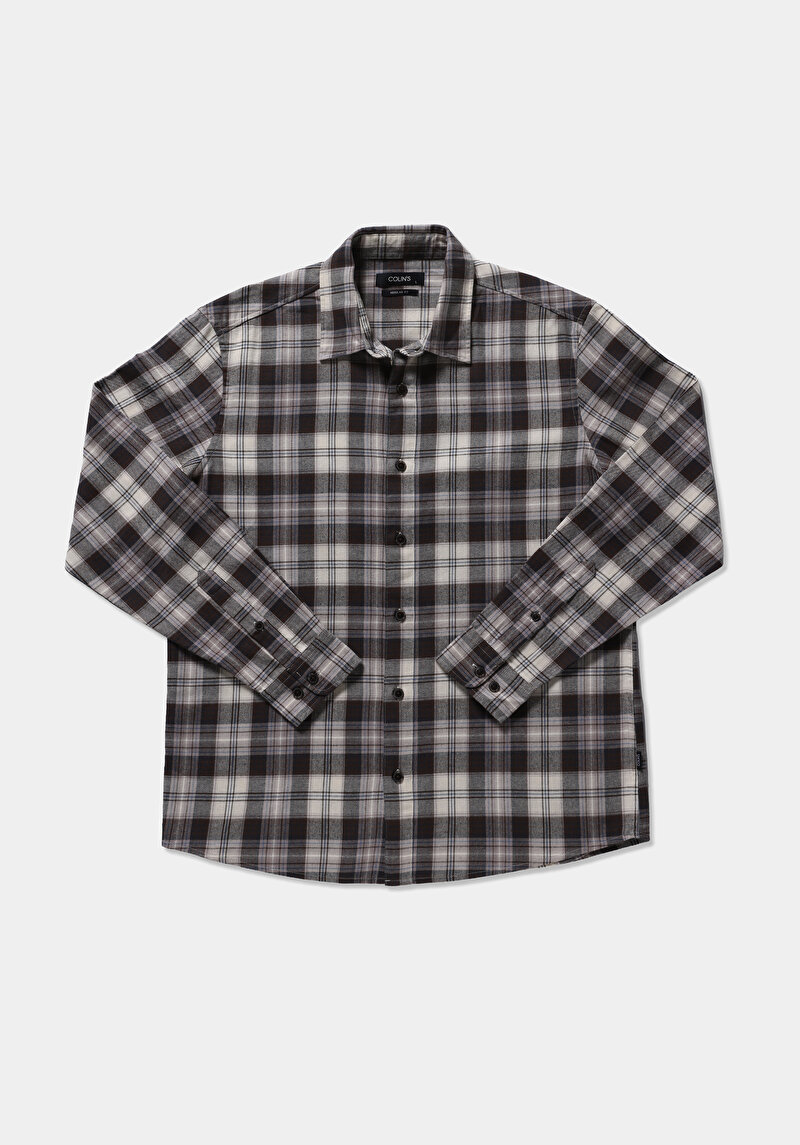 Regular Fit Shirt Neck Ekoseli Erkek Kahverengi Uzun Kol Gömlek
