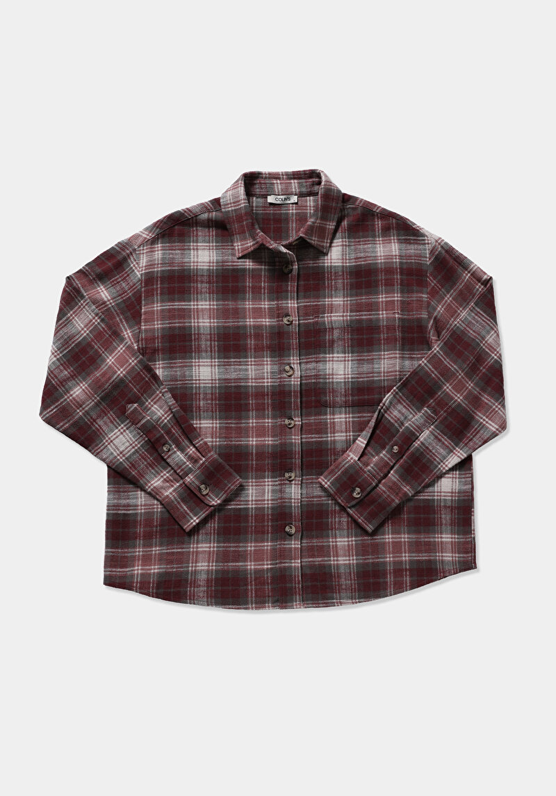 Regular Fit Shirt Neck Ekoseli Kadın Pembe Uzun Kol Gömlek