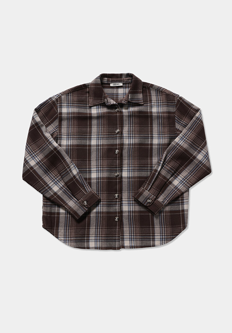 Regular Fit Shirt Neck Ekoseli Kadın Kahverengi Uzun Kol Gömlek