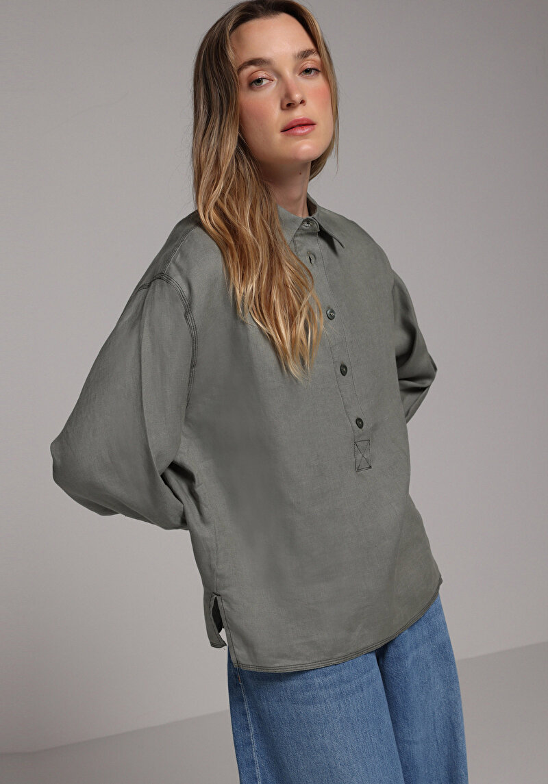Fashion Fit Shirt Neck Düz Kadın Yeşil Uzun Kol Gömlek