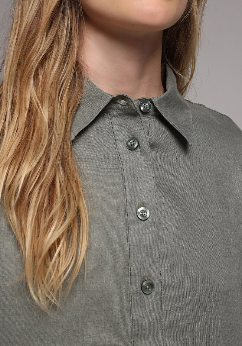Fashion Fit Shirt Neck Düz Kadın Yeşil Uzun Kol Gömlek