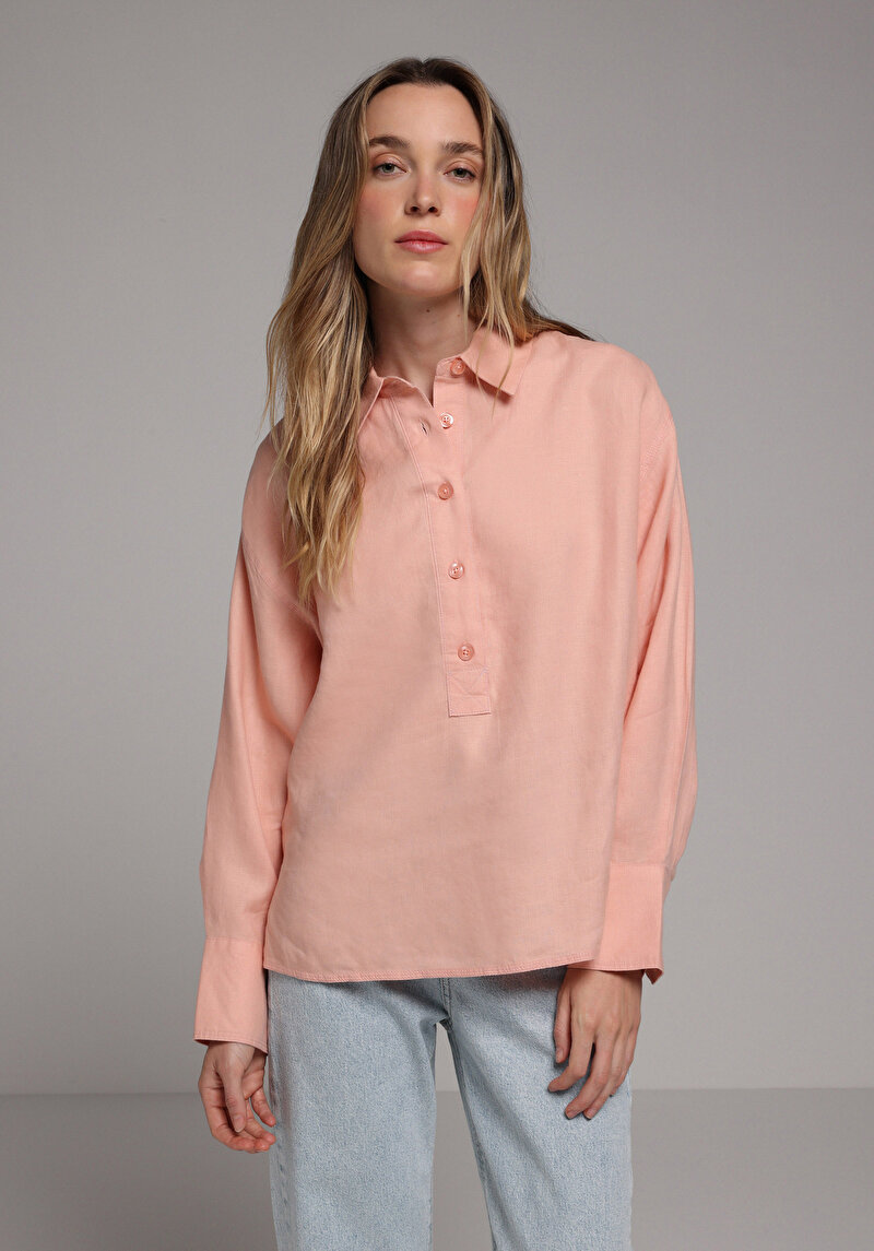 Fashion Fit Shirt Neck Düz Kadın Turuncu Uzun Kol Gömlek