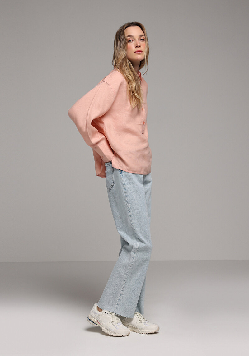 Fashion Fit Shirt Neck Düz Kadın Turuncu Uzun Kol Gömlek