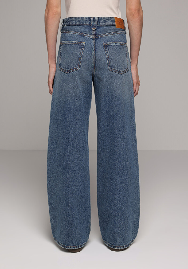 Regular Fit Yüksel Bel Geniş Paça Kadın İndigo Jean Pantolon