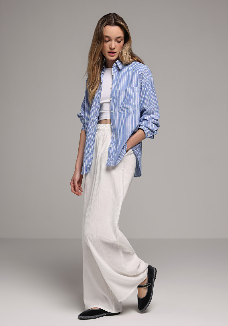 Boyfriend Fit Shirt Neck Çizgili Kadın Mavi Uzun Kol Gömlek