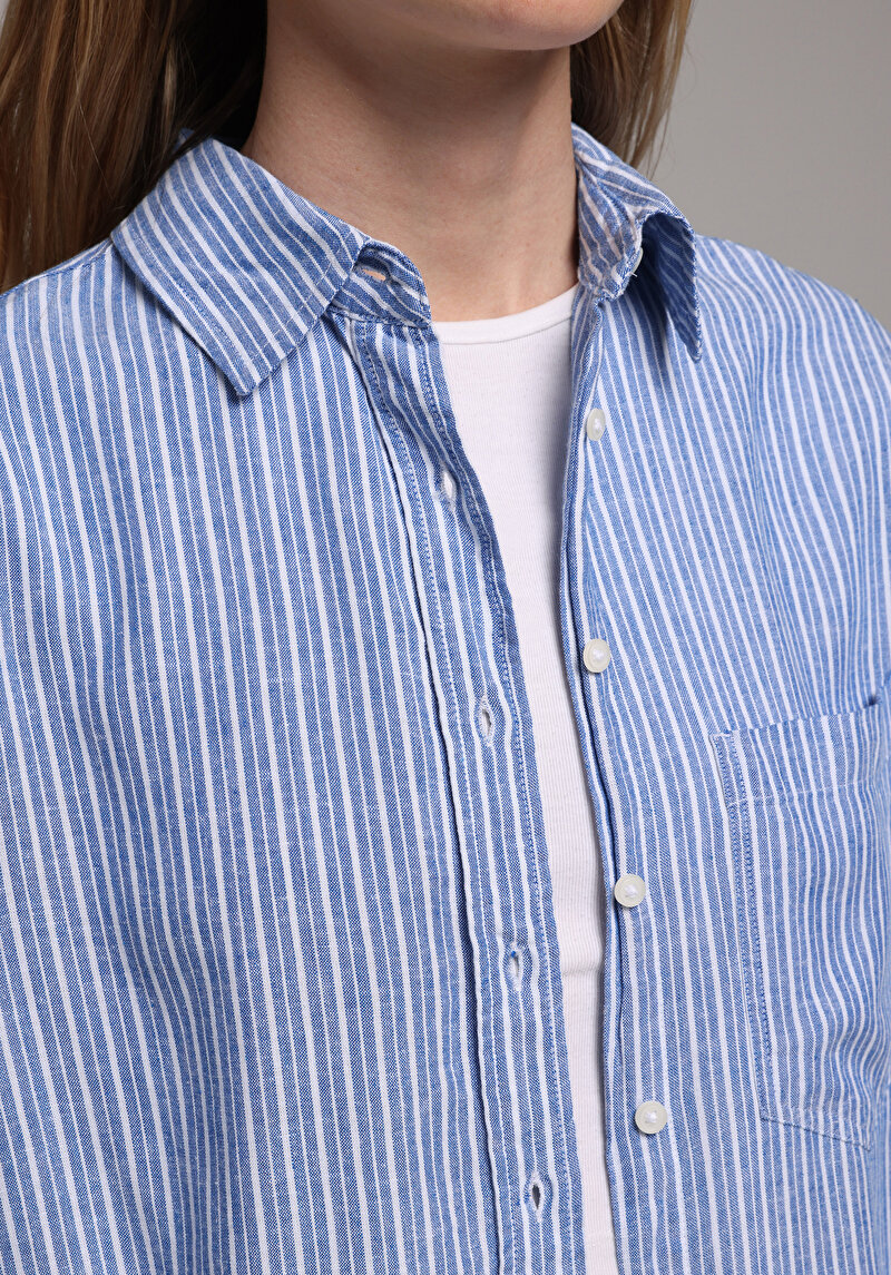 Boyfriend Fit Shirt Neck Çizgili Kadın Mavi Uzun Kol Gömlek