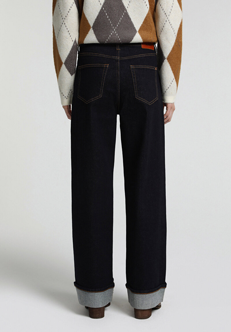 Selvedge Denim Baggy Fit Düşük Bel Geniş Paça Kadın Koyu İndigo Jean Pantolon
