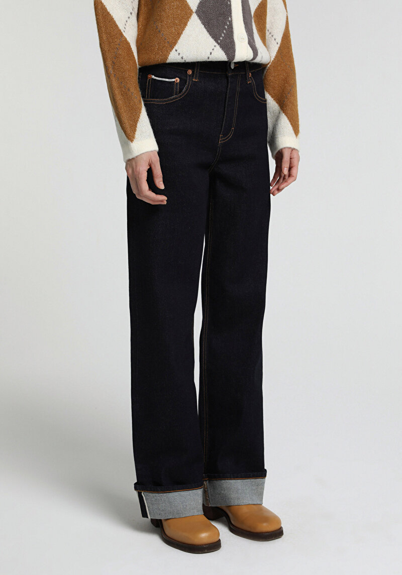 Selvedge Denim Baggy Fit Düşük Bel Geniş Paça Kadın Koyu İndigo Jean Pantolon